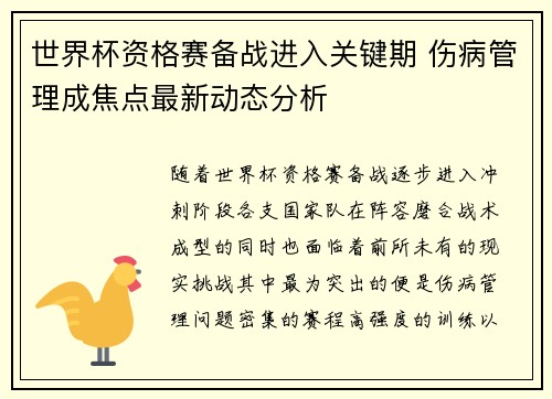 世界杯资格赛备战进入关键期 伤病管理成焦点最新动态分析 世界杯资格赛备战进入关键期 伤病管理成焦点最新动态分析